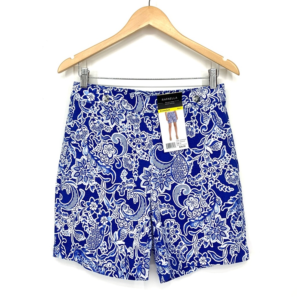 Rafaella Nwt Amparo Blue & White Paisley Print Pull On Comfort Bermuda Shorts